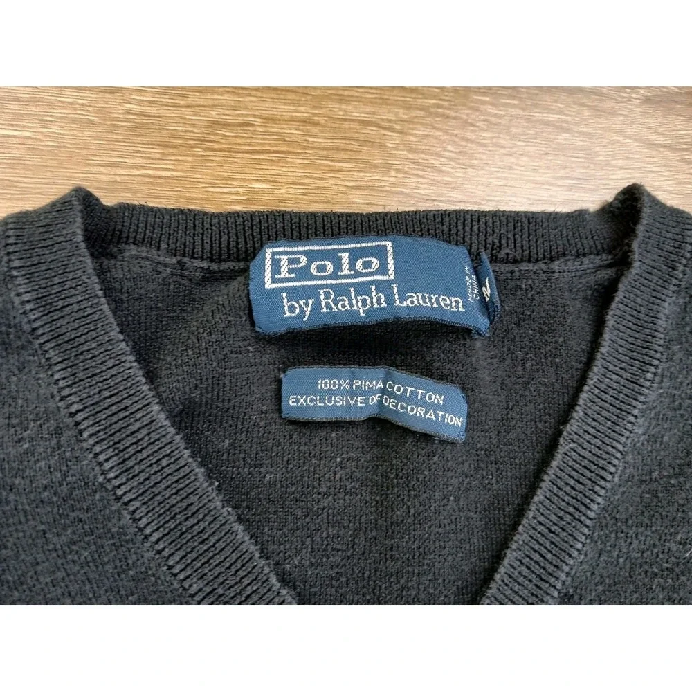 Polo Ralph Lauren Men Black Pima Cotton V-Neck Sweater Pullover Logo Size Medium